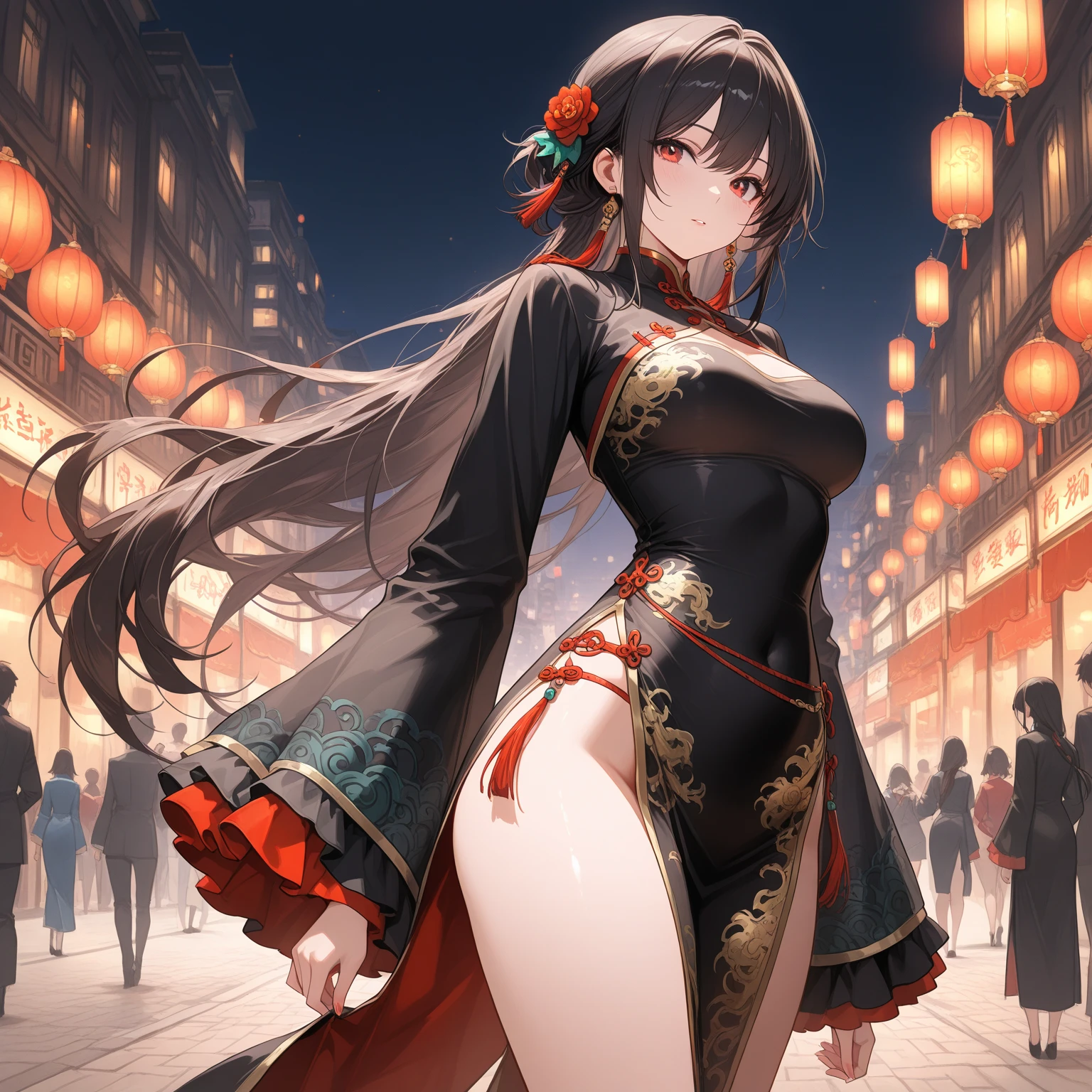 (((masterpiece,Highest quality:1.3,best quality illustration))),(realistic),cowboy shot,独奏,1woman,(18-year-old、Japanese Beauty)、brown hair,long hair,bangs,brown eyes,gorgeous eyes,((very small head:1.3)),((very long body:1.2,skinny)),medium breasts, ,wearing:(((Red ribbon tie、White collared shirt、Long sleeve、Navy blue pleated neakers, ,sweat,gleaming skin,toned body,slender body,(Shooting stance、Shoot a gun),Holding a handgun in your hand、Sneakers、Ruined town、at night、Tokyo、World of Blade Runner、Action Scenes、