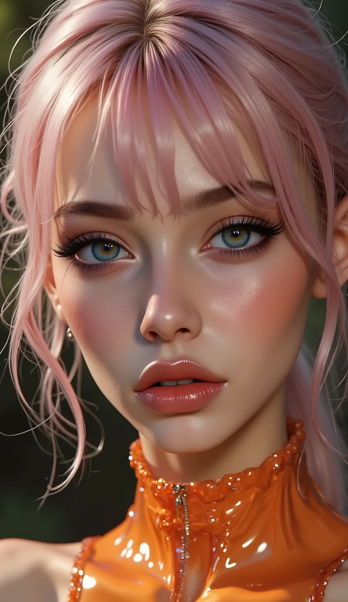 photorealism 16K realism, (Hyper-realistic proportional body, anatomically correct:1.3), ((ultra-fine digital art)), ((intricately detailed beautiful face)), (light pale complexion), BREAK, (small round head)),(high detailed realistic Super beautiful slim and sharp-face), ((best highest detailed realistic dark brown_eyes:1.3)), ((super realistic sharp-eyes:1.2)), (tired and sleepy and satisfied:0.0), (close up of a woman's eyes), perfect round eyes, finely detailed pupils,BREAK,detailed lips:1.3,pink_makeup:1.22, (long_blue_eyeliner:1.28), (red_lipstick:1.35),((perfect dark_eyeshadows:1.4)), (super detailed professional makeup on eyes:1.3), (Detailed nose:1.2), (best high quality real texture skin:1.3), ((short hair pink, ((bangs combed to the two side)), intricately details:1.25)), beautiful cheekbones, dramatic lighting, ((perfect composition)), pale skin, ((dry skin)), only 1 female, petticoats, ((high neckline)), (lace ultra details), (((detailed embroidery))), (Intricately detailed workmanship), ((unconventional skirt, transparent PVC in the shade of ORANGE:1.25)), ((Shiny ORANGE Transparent Holographic [(slingshot swimsuit:1.25)])), cinematic light, detailed background of a large park with trees, dynamic pose, ((no decorations in the hair)), (dark shot:1.1), ((firm big full breasts:1.35)), ((full body shot:1.3))