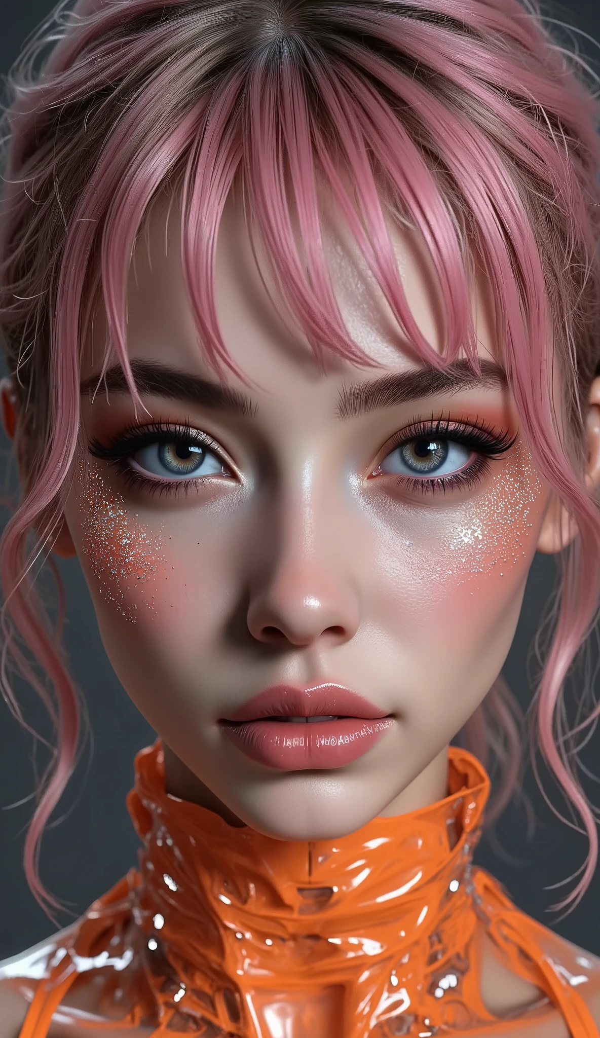 photorealism 16K realism, (Hyper-realistic proportional body, anatomically correct:1.3), ((ultra-fine digital art)), ((intricately detailed beautiful face)), (light pale complexion), BREAK, (small round head)),(high detailed realistic Super beautiful slim and sharp-face), ((best highest detailed realistic dark brown_eyes:1.3)), ((super realistic sharp-eyes:1.2)), (tired and sleepy and satisfied:0.0), (close up of a woman's eyes), perfect round eyes, finely detailed pupils,BREAK,detailed lips:1.3,pink_makeup:1.22, (long_blue_eyeliner:1.28), (red_lipstick:1.35),((perfect dark_eyeshadows:1.4)), (super detailed professional makeup on eyes:1.3), (Detailed nose:1.2), (best high quality real texture skin:1.3), ((short hair pink, ((bangs combed to the two side)), intricately details:1.25)), beautiful cheekbones, dramatic lighting, ((perfect composition)), pale skin, ((dry skin)), only 1 female, petticoats, ((high neckline)), (lace ultra details), (((detailed embroidery))), (Intricately detailed workmanship), ((unconventional skirt, transparent PVC in the shade of ORANGE:1.25)), ((Shiny ORANGE Transparent Holographic [(slingshot swimsuit:1.25)])), cinematic light, detailed background of a large park with trees, dynamic pose, ((no decorations in the hair)), (dark shot:1.15), ((firm big full breasts:1.35)), ((full body shot:1.3))
