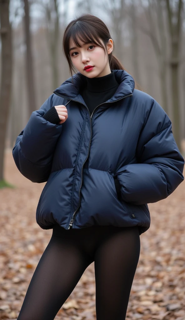 european girl, best quality, ultra high res, (photorealistic:1.4), autumn, street, sneakers, down jacket, panties, perfect body, small breasts, nipples, (blond short hair:1), happy, full body, realostic legs