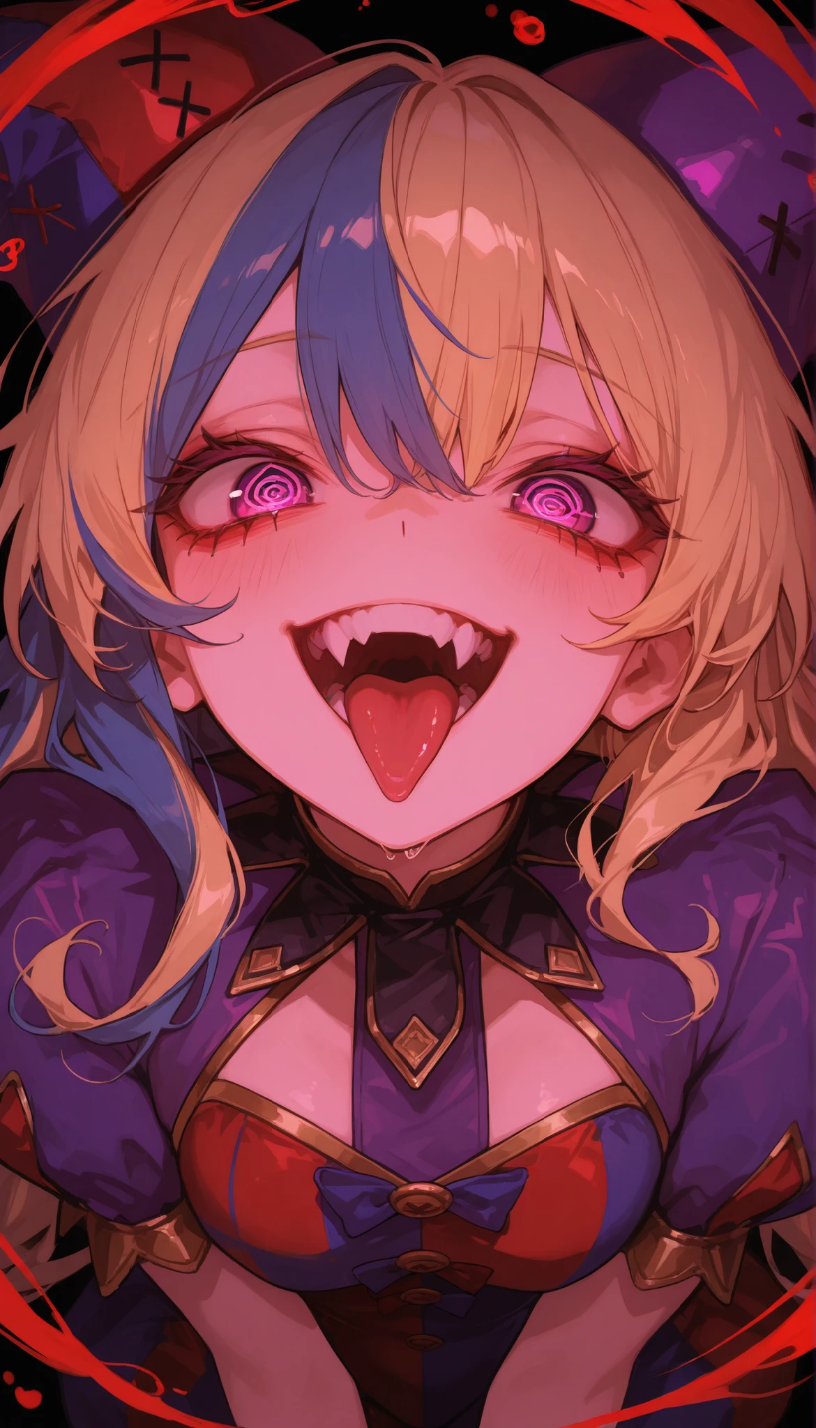 1 girl in,Hermosa nariz,Beautiful character design, ojos perfectos, Cara perfecta,ojos expresivos, Mirando al espectador,(primer plano),(Focus on her face), Arte Oficial, face, open mouth, uvula, mouth, tongue, tongue out, vore, eula, eyes yellow, blue hair, short hair, White skin