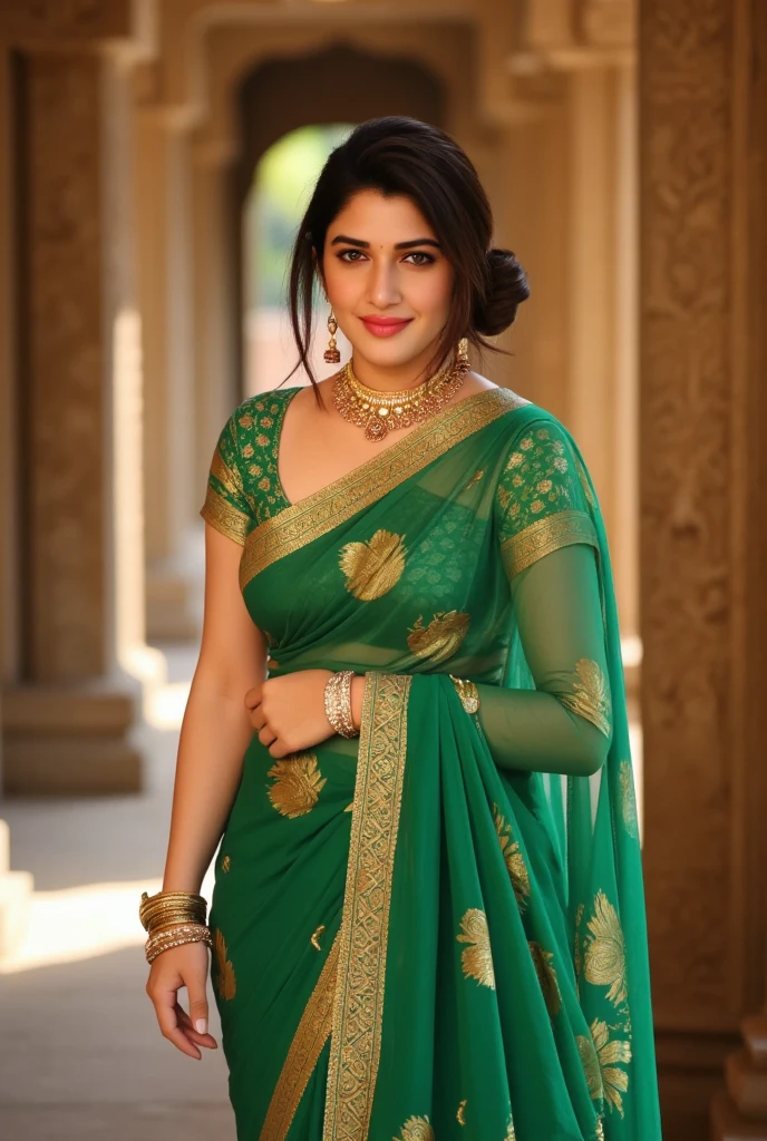 Beautiful young indian woman, wearing a sexy red blouse and saree, portrait, normal pose, palace, walled city, city alley, very beautiful, traditional, hindu aesthetic, erotic, detailed face, detailed body, oily skin, symmetric face, cute, big breasts, big belly, smily face, soft body, sweaty clothes, long braid hair, masterpiece, ultra realistic, detailed background, high resolution, god rays, Ray tracing, ambient lighting, ambient occlusion, depth of field, post-processing, 8K