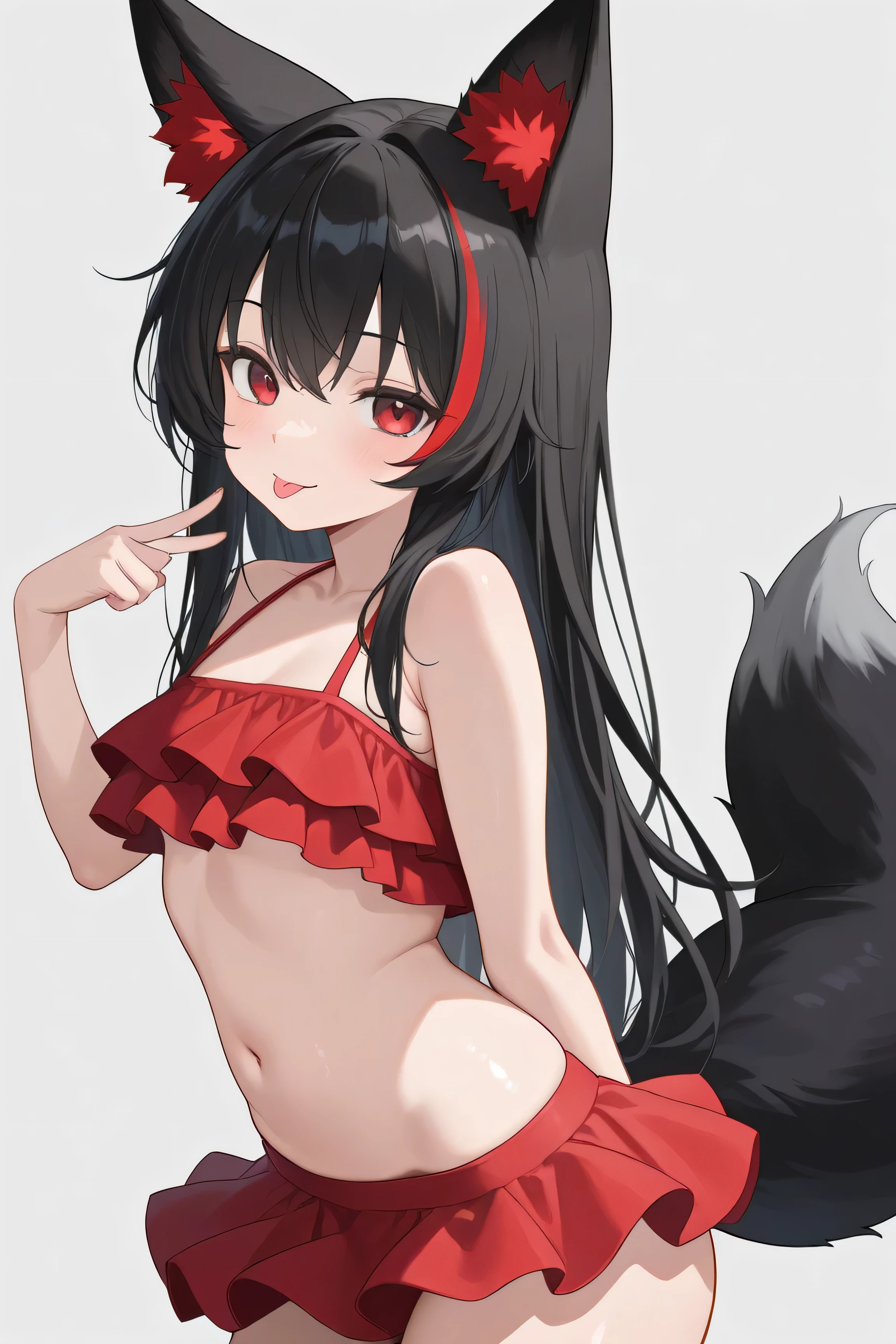 (muste piece), (best quality), (score_9, score_8_up, score_7_up), very detailed eyes, expressive eyes, perfect face, very detailed face, highly detailed face, beautiful girl, 8K, beautiful girl, white background, delicate and beautiful face and eyes, dark intense shadow, 
1 girl, vtuber style, cool girl, hololive, kurokami, black hair, streaked hair, red eyes, thigh strap, single thighhigh, ahoge, piercing, fox tail, single side braid, ahoge, piercing, fox tail, low-tied long hair, mini bikini, black striped bikini, front-tie top, medium chest, soft chest, cropped shoulders, clavicle, cameltoe, wet body, wet hair, one eye close winking, smile, body visible through clothes, chest visible through clothes, ass visible through thighs, (whole body), barefoot, naked thighs, sitting, indian style, open legs wide, from below, pov crotch,