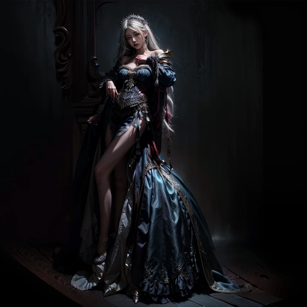 hyper realistic, 8k, award winning digital art, dark fantasy, dramatic lighting, full body shot, facing away, wide angle, back view, deep shadows, a vampiric goddess, extremely detailed skin, perfect blonde wavy hair, (A vampire goddess is making hypnotic hand gestures), (she is using her supernatural powers to psychically manipulate blood, making it float around her), hemokinesis, (there are lots of blood lines floating around the environment, flowing towards the vampire goddess's hand), she is wearing a very intricate biological exoskeleton detailed with glass textures, the scene unfolds in a dungeon dimly illuminated by a red glow, forbidden sorcery, pale blue and olive hues, mystical energy, dramatic lighting, chiaroscuro, moody atmosphere, cinematic composition, Yoshitaka Amano style