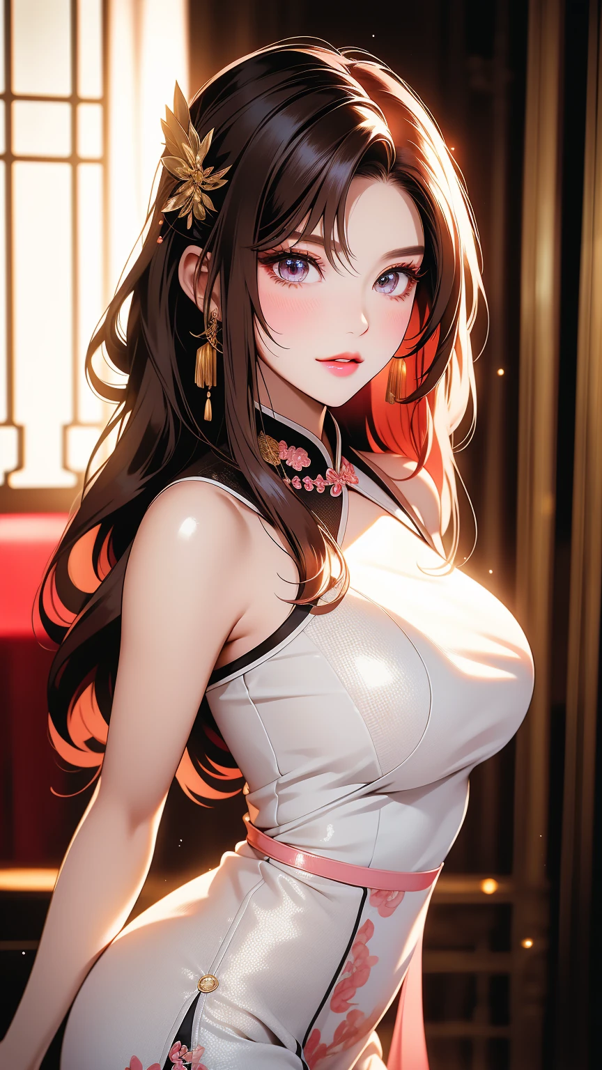 Red Eyes, (best quality, masterpiece painting:1.3), immature woman, 16 years old, (Half-length photo), masterpiece, Ultra-high resolution, (Photorealism:1.0), Black Hair, Ponytail, Straight Hair, Beautiful shiny hair, White and shiny skin, ((Ultra-realistic details)), Octane Rendering, Highly detailed face, (Large Breasts:0.8), She wore stunning Belle Époque inspired outfits, A flowing gold dress,Decorated with lace and ribbon, (clothing: Gold Belle Époque dress with lace and ribbon),cleveage, Perfect body, soft skin, Anime Face, Perfect face, Perfect eyes, Looking at the audience, clever, Snow Scene, ((Snowflakes falling)), ((A wonderful night)), ((outdoor)), Clear focus, Intricate details, Professional artwork, (Vibrant colors:1.1), Vibrant colors, diffused Lighting, Digital Mixing, Ultra-clear body, Ultra-fine hair, Super detailed face, That'it'Popular on Pixiv, Top button open, 可爱的目Light, compensate, Perfect lips, perfect compensate, Ultra-precision coating, (Light_Smile:0.8), (so awkward:1.2), blush your nose,(((Full and soft breasts,)))(((Large Breasts))) (((Cleavage)))