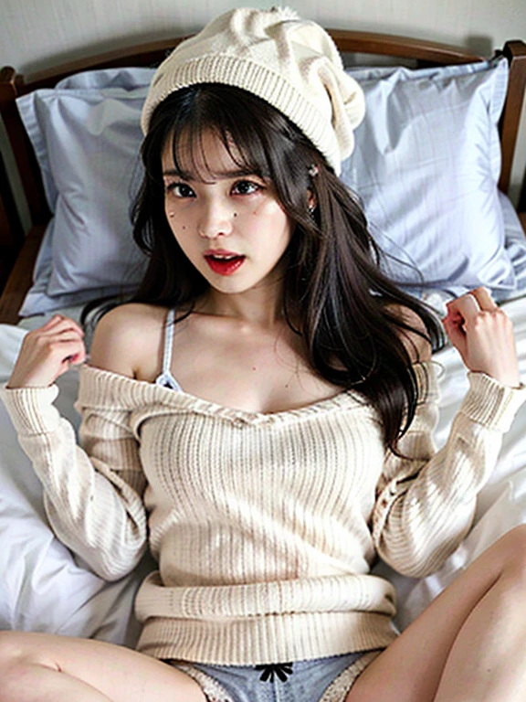 Kim Jennie with white brown hair, con rulos en las puntas, with two bows on each side of the hair, all her hair white brown, with a star clip in her white brown hair, ojos de color claro, ojos bonitos, ojos llorosos, nariz bonita y respingada, nariz lloroso, labios bonitos, labios rosas, heart and cupid shaped lip, piel bonita, pale, piel blanca, con lunares y pecas en todo el rostro, rubor rosa suave en las mejilla, rubor rosa natural, maquillaje suave y rosa, jennie, cuello bonito, cuello marcado, frown, mirada tierna, con un collar de beso, un collar bonito de beso, parecido a Yumeko Jabami, mientras lleva puesto un Crochet YK2, de lana, with a YK2 style brown mini skirt, mientras lleva una casaca con estampados de ositos, mientras tiene el abdomen desnudo, delgado, marcado y bonito, (pechos grandes, pechos suaves, pechos bonitos), mientras esta haciendo cospaly del personaje Yumeko Jabami, del anime Kakegurui, mirando a la camara, autofoto, selfie bonita