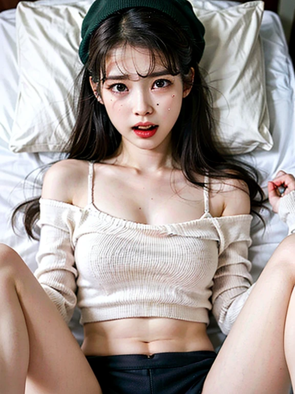 masterpiece,8k,((small girl)),Missionary,boy on top,hetero,brown eyes,brown hair,((off-shoulder blue sweater,bare breasts,show off nipple)),straddling,((small breasts)), medium long hair,earrings, necklace,sweat,spread legs,pussy, spread pussy,love juice,pussy juice, spread legs, legs up,vaginal penis,1 boy