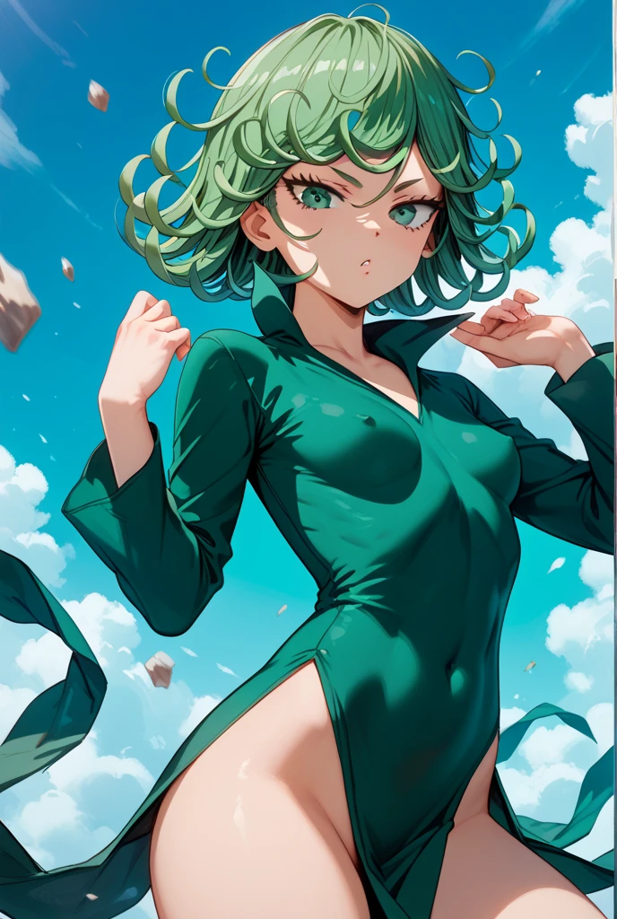 anime girl with green hair and black dress, an anime drawing by Shitao, pixiv, fantasy art, top rated on pixiv, at pixiv, tatsumaki from one punch man, beautiful anime girl,jack-O' challenge pose, bending over, seductive anime girl, the anime girl is crouching, tatsumaki