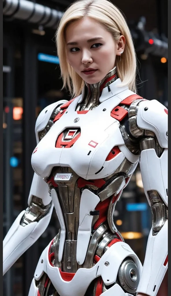 Realistic picture 8k,Masterpiece,Young woman in an old, decaying cyber robot machine costume.,red and white machinery,Staring at me.,sexy poses,