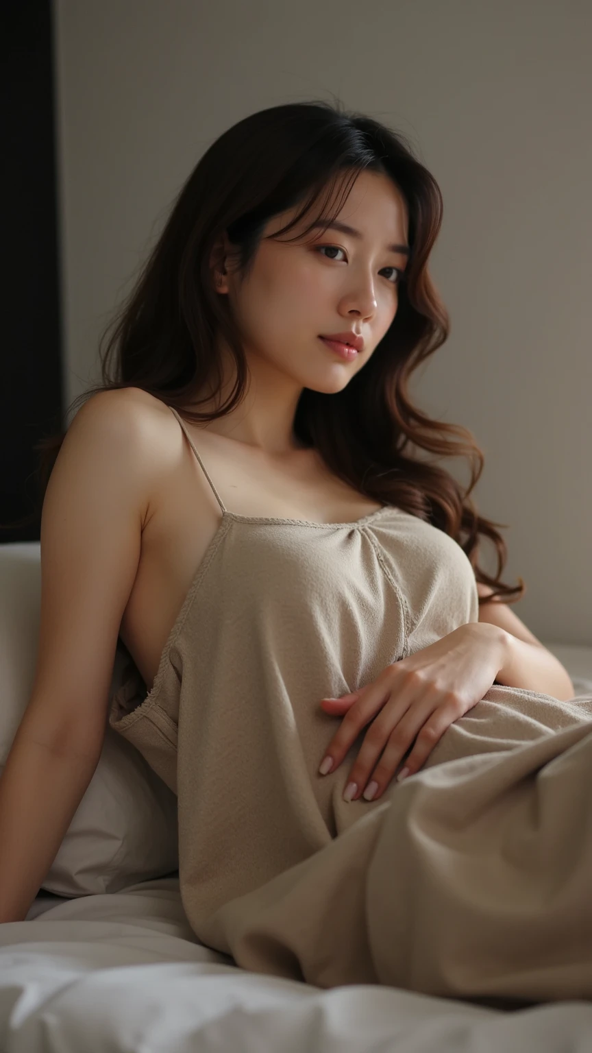 Naked woman sitting on a sofa in the living room、The woman is a 2 Japanese woman.、Fashion model body type、In capital letters "luna" Written、Holding a fairly large pillow, Smiling sweetly at the viewer, Full Body Shot, Cinema Lighting、Brown Hair