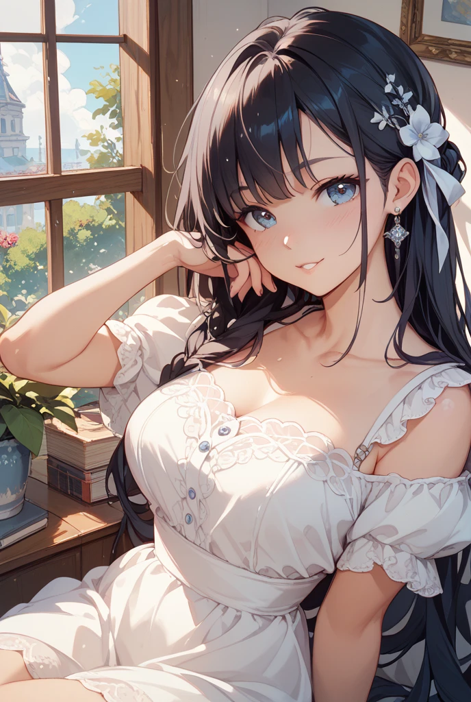 32k, best quality, ultra-detailed, high resolution, perfect anatomy, head on, cute girl, cute dress, cute hat, cute smile, hyper detailed interior background,