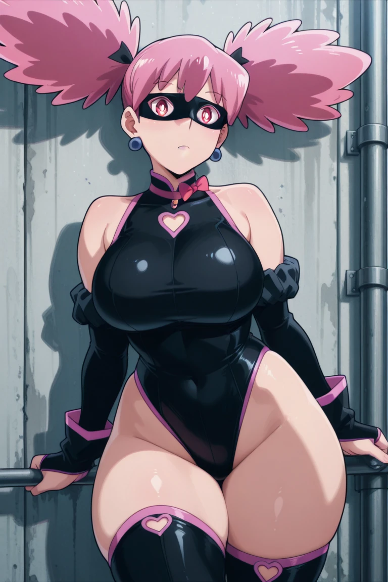 ultra-detailed, Explicit, Beautiful body, Beautiful Nose, Beautiful character design, perfect eyes, perfect face, ultra highres, 4K, beautiful legs, perfect legs, Nice hands, Perfect hand, Masterpiece, Best Quality, Highly detailed, illustration, absurdres, perfect anatomy, street fighter, doll suit, shadaloo doll, dollsuit, expressionless, blank eyes, looking at viewer, red gloves, emotionless, black latex, corrution, mind control, female combatant, full body, hypnotized, unhappy trance, full body suit, ribbed bodysuit, both arms at side, obey, perfect female body, extremely glossy latex, hypnosis, hypnoLora, empty eyes, Blank eyes, Mind control device, poses, submissive_pose, Slave, stand up straight, standing, standing at attention, hat, necktie, belt, latex, ribbed bodysuit, thighhighs, garter belt, Fighting Stance, extending the right arm from the shoulder into the air with a straightened hand, military, thigh boots, 1girl, hair ornaments, pink hair, short hair, pink eyes, (((pixel-perfect, detail-perfect))), solo, 1girl, Riri Hitotsuyanagi, Assault Lily