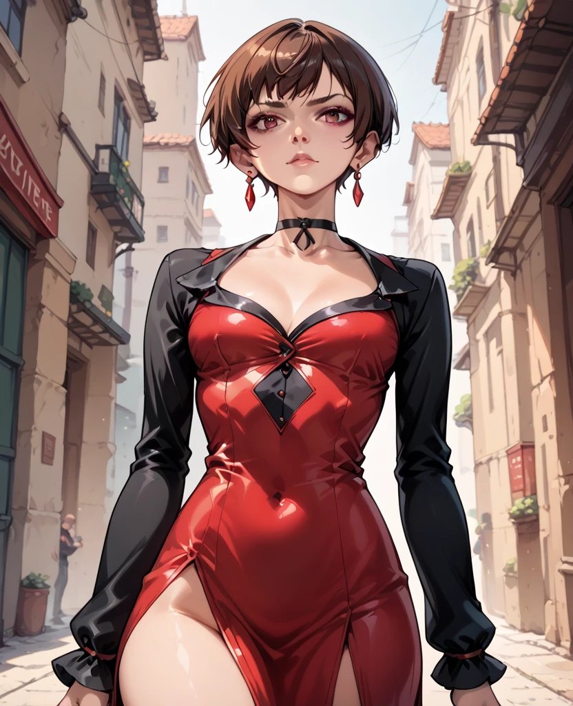 {Loli}, black suit jacket, open jacket, red short dress, Gatsby hairstyle, female, HD, 1920s, Illinois, diamond necklace, diamond headband, flat chest, short curly hair