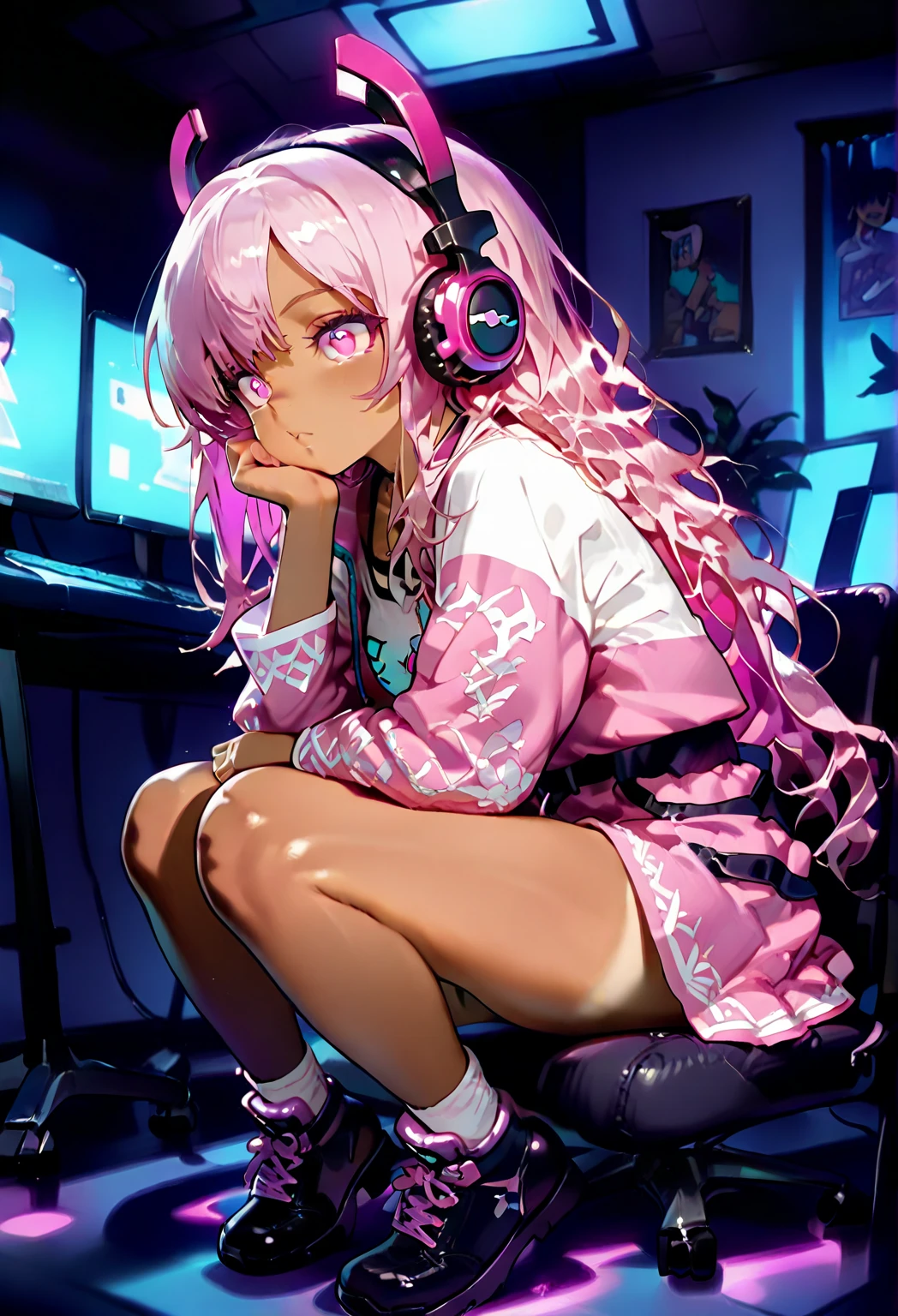 最high quality、best image quality、masterpiece、girl((20-year-old、 By becoming、vest bust、medium bust,wide open breast tea、shining eyes, neon hair、long hair、thin,highest valley、Damaged Denim Shorts、black navel shirt、Damaged Denim Jacket、smile、full body tattoo,diamond earrings、Wristband、necklace、I have headphones、leaning forward、elation、sing)),high quality、beautiful art、background((Hacker Room、server room、neon lighting、computer stand、Laptop))、Flight、debris flies、Depth of written boundary、movie、visual art、perfect art、8k,genuine、