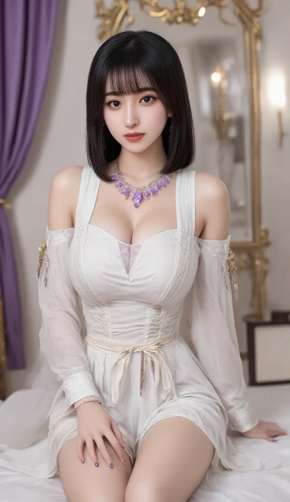 high quality photos, Correct human body proportions, correct body structure, masterpiece, ultra high definition, (realistically: 1.4), Realistic style, original photo, 1 girl, british maid, Ruffled transparent maid outfit, ponytail, Braided hair , ruffled translucent shirt, ribbon tie, apron, mini skirt, puff sleeves, white, glowing skin, victorian era, no gray background, handheld tray，Comes with silver kettle and porcelain tea cup, Full body image , split, Black mesh garter belt, black shoes, a cat at her feet, long legs, big breasts, smile for camera, Reveal an alluring expression, convex, camel toe, High-definition images, Delicate skin texture, Delicate clothes have wrinkles, Clothing texture, bedroom background，There is a washboard on the floor