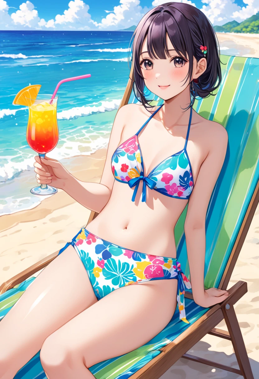 A woman standing on a bright, sunny beach or by a pool, wearing a vibrant swimsuit adorned with tropical prints like palm leaves, exotic flowers, or tropical fruits. The swimsuit features bold colors and eye-catching patterns. She's accessorized with tropical-themed items like a sunhat, sunglasses, and perhaps a lei or a tropical drink with a mini umbrella. The background includes lush green palm trees, a turquoise ocean, and colorful beach decor.