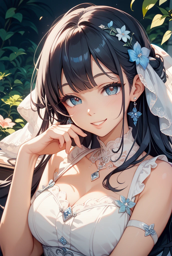 (((Super Masterpiece, Super High Definition, 16K, Very Delicate and Beautiful))))), (((Masterpiece, Highest Quality, 8K, Clear and Detailed, Very Clean and Clear))), Very Beautiful young woman, dress (white dress, beautiful flower embroidery, beautiful dress, cute dress), big breasts, long hair , bangs, beautiful brown), (beautiful face: 1.2), gentle smile, tender gaze, on back, from above, ), Beautiful woman with her chin rest on her palm.