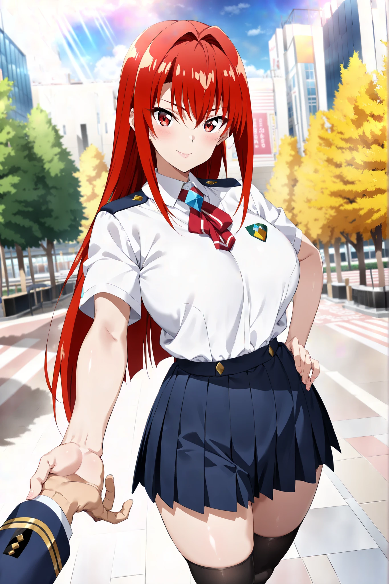 finely detailed, anatomically correct, (clear lines), (cinematic lighting), (top rated on pixiv), ((mid 2000's anime art style)), 1girl, schoolgirl, tall, shining skin, (long straight red hair), (bangs), (diamond shaped face), smile, (closed lips), ((detailed red eyes)), tsurime, ((high school summer uniform)), ((uniform detail: 1.5)), (black thigh high socks), confident, (pov), (looking at viewer), (extending hand to viewer), (background: city park), ((breasts size 26 inches)), ((waist size 23 inches)), ((hips size 26 inches))