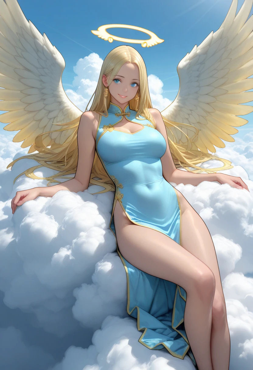 woman, (mature:1.3), angel wings, halo, flying in the sky, floating, white dress, angel coming down from the clouds, blonde hair, blue eyes, happy, welcoming,