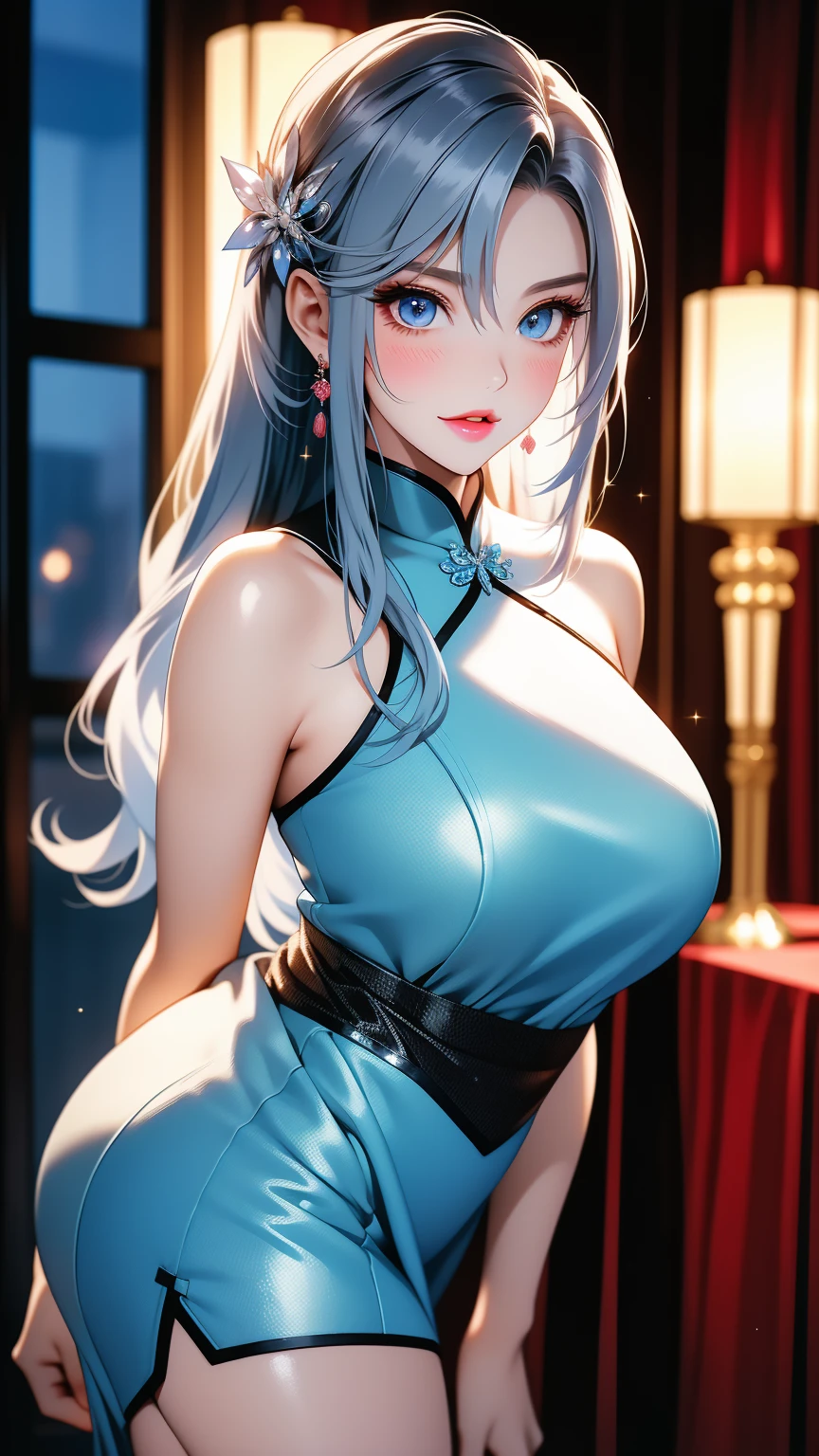 beautiful girl, Gray Hair, blue eyes,blue eyes,Chinese dress as underwear, Very large breasts、((Firm breasts:1.3)),to close range、Blue earrings、Blue Necklace