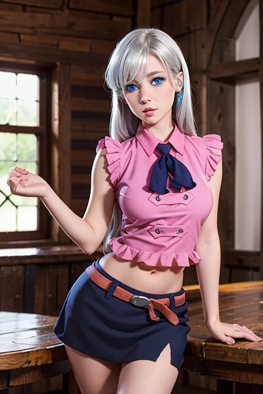 a tall girl, big breast, beautiful beauty, beautiful, cute, loving, long white hair, her blue-yellow eye, she wears a pink button-down blouse, short sleeves, shows her navel and a short dark blue skirt, a brown belt, a long black heel.