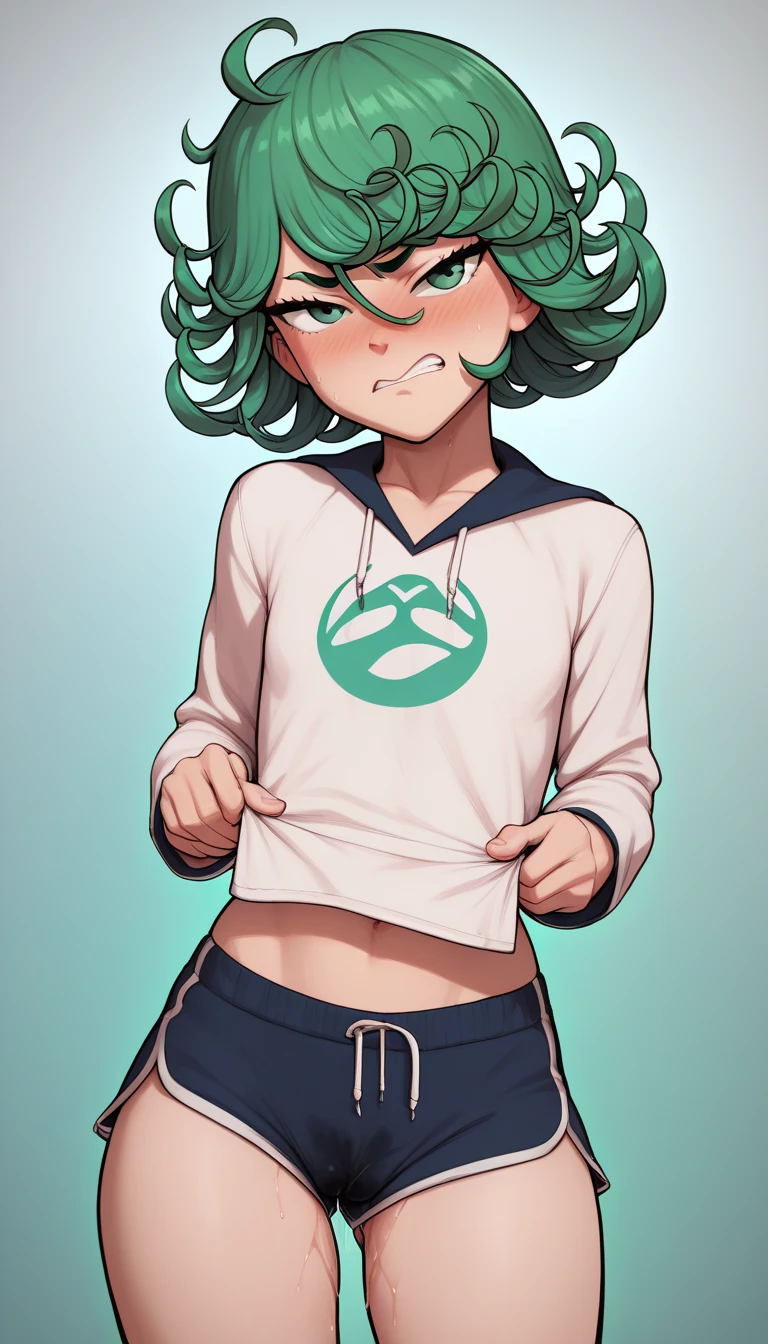 Woman in crop top and sweatpants, rainbow hair, cute thick eyebrows, brown eyes, freckles, cute expression