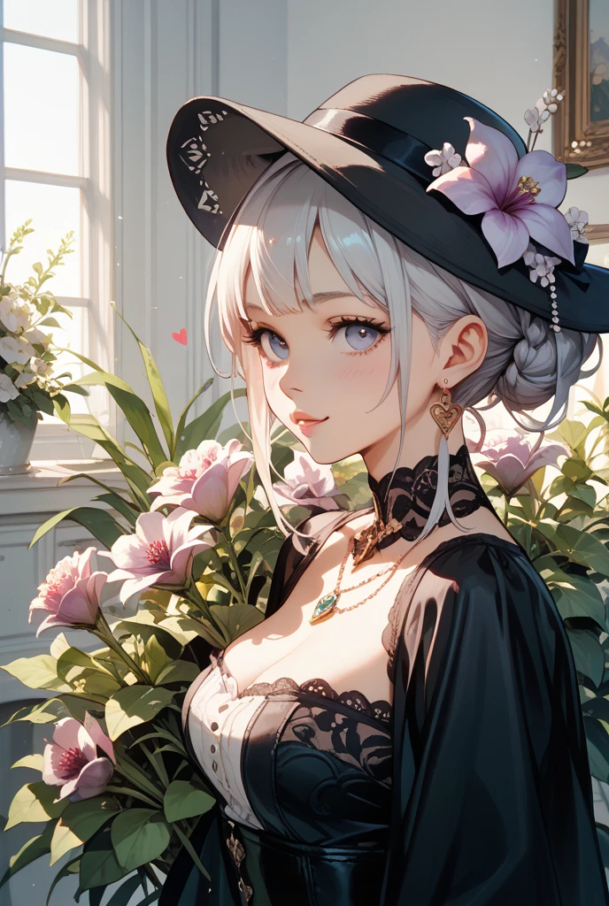 Woman in elegant Victorian dress, flowers on her head, orange flowers in the background, a skull painted on her face, skull necklace, round black eye makeup, large flowers drawn on her forehead, white skin, witch, witch’s hat,