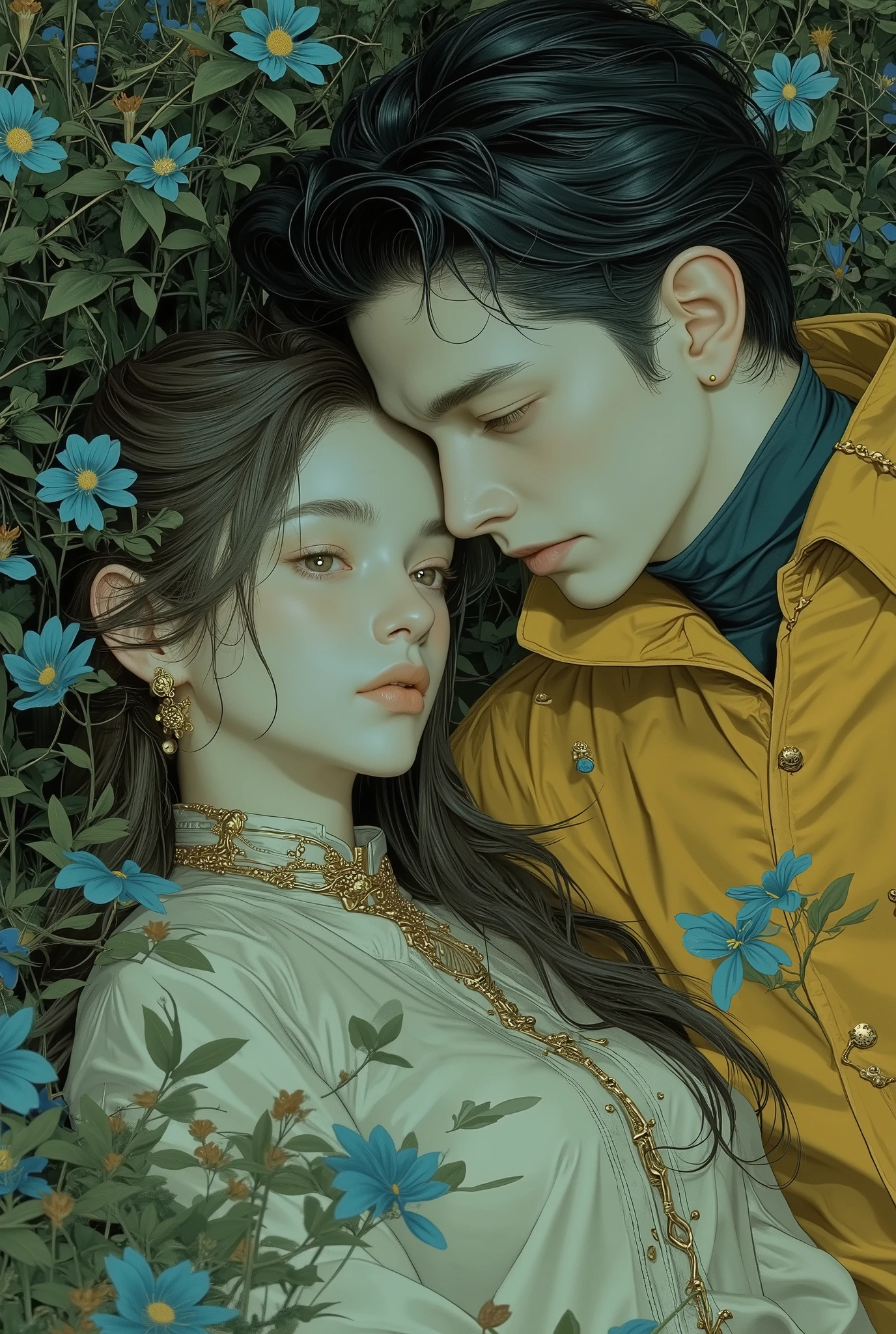 Ultimate Couple Contest! Ship your OTP—showcase their sweet fluff or angsty drama. Handsome young man and beutiful young girls lying in the bushes and thorns and beautiful pinton blue flowers, top view camera. wearing rich yellow wizards robe and pinton blue turttle neck shirt inside. oil painting, masterpiece, shadows, expert, insanely detailed, 4k resolution,