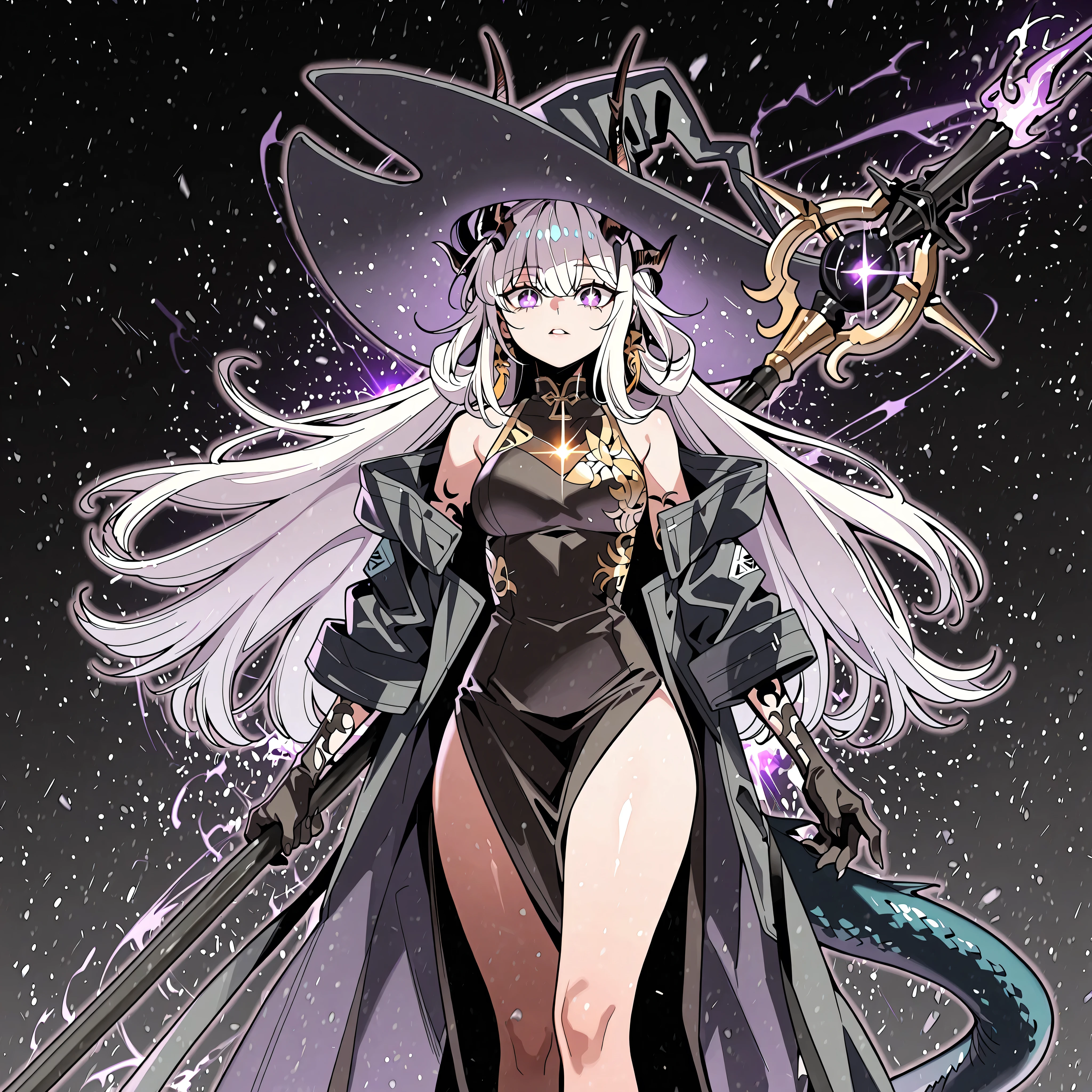 alone, 1 girl, facing the viewer, white hair, hairstyle of Lucy Mayreel from "The Extra's Academy Survival Guide", body of Lucy Mayreel from "The Extra's Academy Survival Guide", sparkling purple eyes, long bangs, perfect anatomy, student, long black horns like Reed The Flame Shadow from "Arknights", black dragon tail with purple flame at the tip of its tail, young, perfect body, young, sensual, perfect and beautiful face;
a black coat like Dusk from "Arknights", coat with gold details, black and sexy Chinese dress (The dress must be black), exposed arms, black arms with purple spots, hands with claws, black hands with purple spots, black tail with purple flame at the tip, wearing a large wizard/witch hat on her head with the horns passing through the hat like Reed The Flame Shadow from "Arknighst", purple runic markings on her shoulders and thighs, black dragon tail with purple flame on the tip, hands and arms like Nian's from "Arknights" but in black with purple spots (same for feet and legs), black dragon tail;
facing the viewer, face to face, black background, sexy pose, big butt, medium breasts;
holding a large black wooden magic staff with a huge purple stone on top;
attacking position (holding a large black wooden magic staff with a huge purple stone on top), shoulders and head exposed, close to the face, looking at the viewer, face to face, confidence, cute expression;
Pay attention to the necessary colors, maximum resolution, black dragon tail with purple flame on the tip, showing the character standing, showing the whole body;
an image +18, a sexy image, body of Lucy Mayreel from "The Extra's Academy Survival Guide", height of Lucy Mayreel from "The Extra's Academy Survival Guide", small character, short height character, body 1.50 meters tall, short character, small character, character, perfect eyes, perfect face;