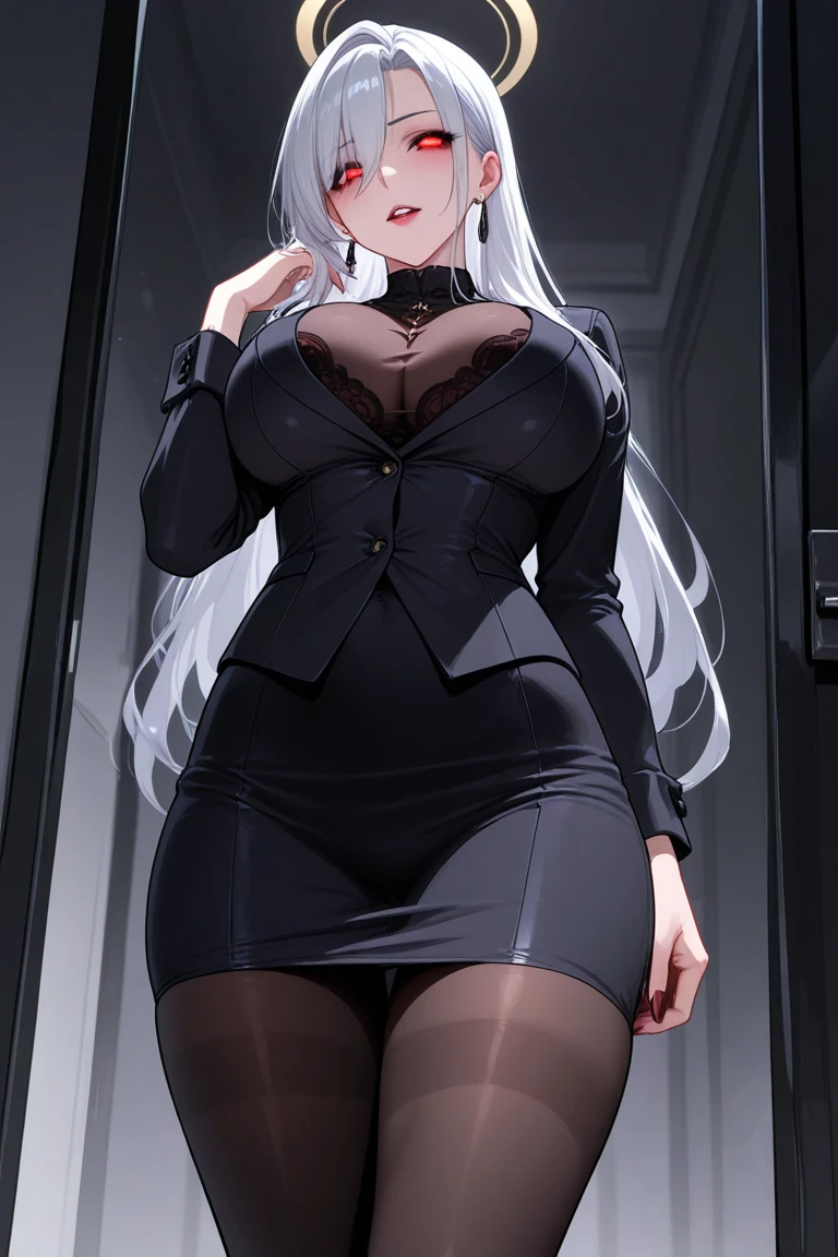 (best quality,4k,8k,highres,masterpiece:1.2),ultra-detailed,red lips,lipsticks,business woman's coat,black suit,deep red eyes,milf,long hair,silver hair,serious expression,handsome and confident,subtle smile,full body,big breasts,perfect breasts,白色公主衬衫