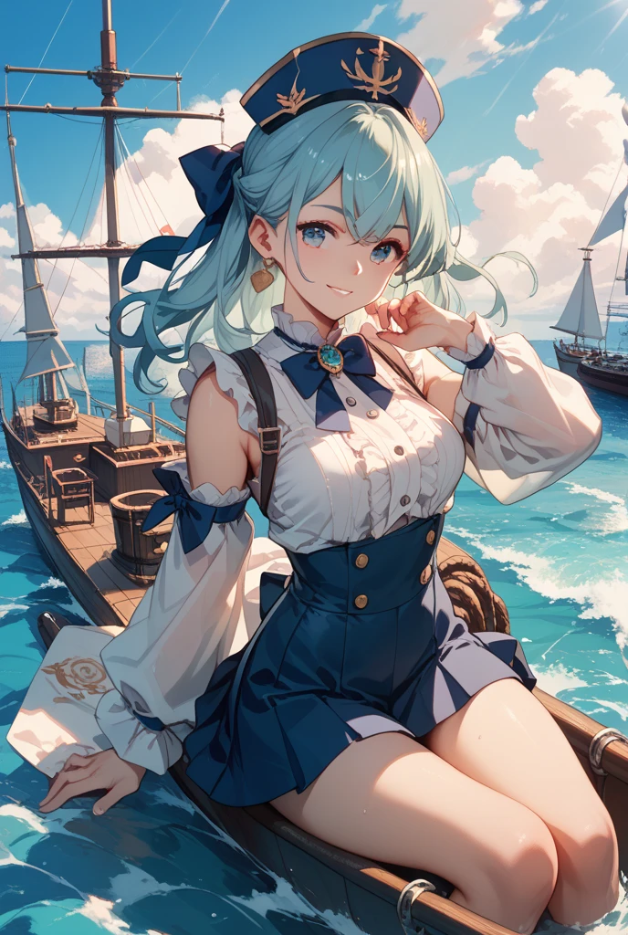 Anime Moe Art Style,highest quality,High resolution,One Girl,Mid-teens,A girl with light blue hair in a ponytail,Super detailed,off shoulder tops,mini skirt,Big TitsLooking at Camera,Active,Bright smile,One hand is waving widely,One leg raised,A rich expression,Eyes drawn in detail,necklace,ring,hair ornaments,bracelet,Daytime,blue sky,pirate ship,On the ship,8K