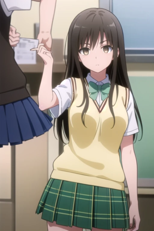 kotegawayui, Yui Kotegawa, Black Hair, (Brown eyes:1.5), Long Hair,
break green skirt, Plaid, Plaid skirt, Sainan High , , skirt, Sweater vest, (Yellow Sweater:1.3), Short sleeve,
break looking at viewer,
break indoors, classroom,
break (masterpiece:1.2), highest quality, High resolution, unity 8k wallpaper, (figure:0.8), (Beautiful fine details:1.6), Highly detailed face, Perfect lighting, Highly detailed CG, (Perfect hands, Perfect Anatomy),