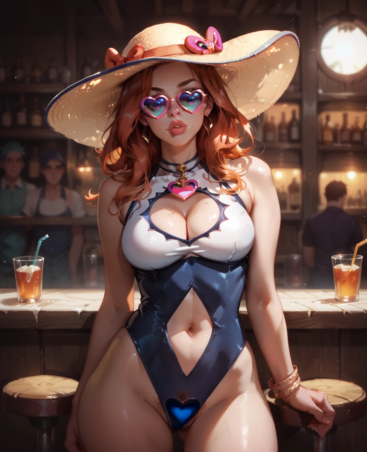 by Michael Parkes and Diego Rivera, (retro futurism, digital art but extremely beautiful:1.4), Generate an image depicting a woman in a bikini and a cowboy hat in a pool, style of gta v, gta5 style, gta v style, as a character from gtav, sitting in the pool, gta v character, in gta v, ariana grande