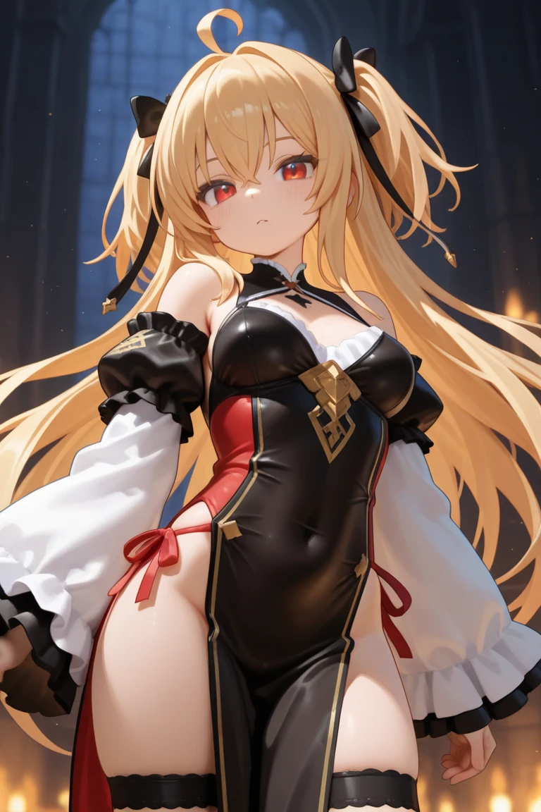 Asuna in Sword Art Online,Golden hair,Lower body with bare legs,Behind him stood Kirito,Highest quality work,a beauty girl,A coquettish expression