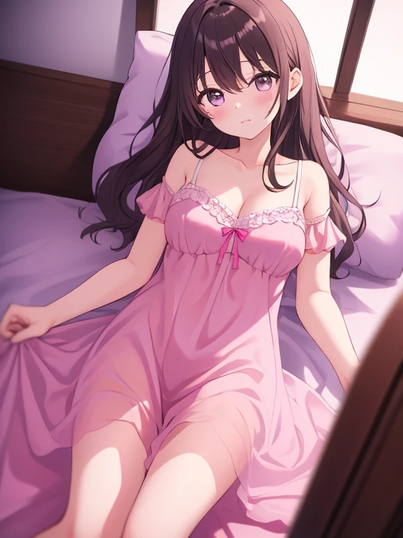 Starfire, shiny_dress, pink_silk_glossy_fabric, skinny, thin_legs, white_lace, nightwear, glossy_fabric, shiny, short_dress, cleavage, glossy_fabric, long_red_hair, skinny, bedroom, gentle_smile, blushing, beautiful, female, high resolution, 8k