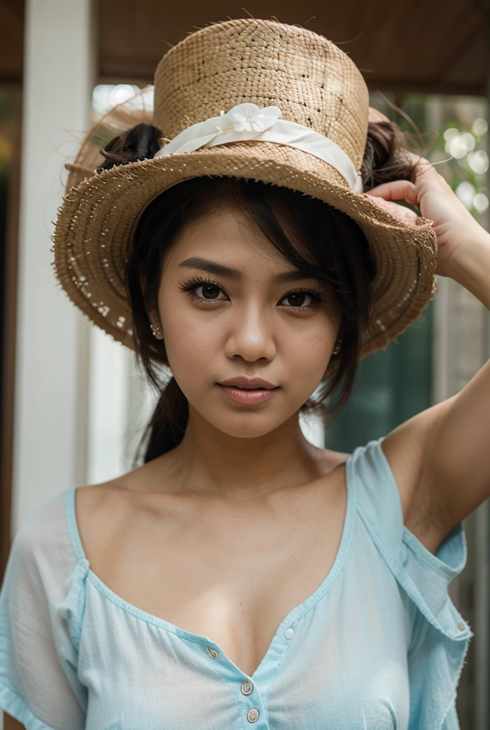((upper shot))
best quality,4K,8K,height,Masterpiece:1.2,very detailed,realistic:1.37,Portrait,girl,Thai people,brown eyes,Beautifully detailed eyes,Beautifully detailed lips,perceptive eyes,black hair,thin,pure and simple,calm expression,gentle smile,bedroom background,Bright backlight, Wear a wet white button up shirt, off shoulders Expised cleavage