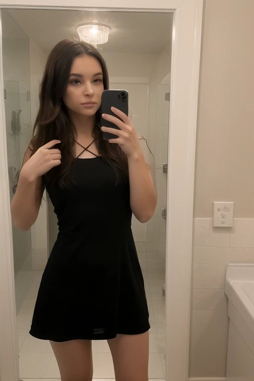Photo of a 20 year old brunette woman, full body, that has a very natural face, thin lips, thin eyes, thin eyebrows, thin nose. She takes a cute selfie in bathroom, looking at camera in bathroom, dress for Christmas simple black dress elegant full body
