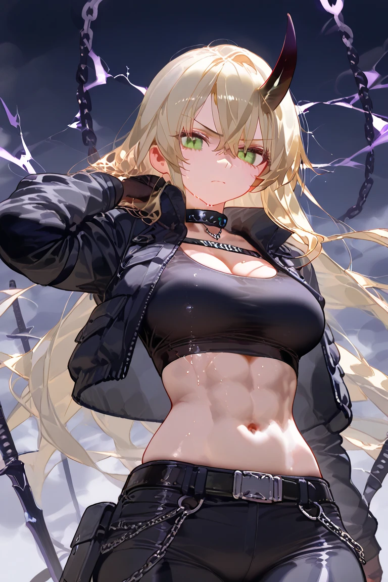 top-quality、Top image quality、masterpiece、girl with((cute little、18year old、Best Bust、Medium bust、Bust 85,Red eyes to issue、Breasts wide open,Valley、Blonde long hair、A slender、Black leather bra、Black leather jacket、White trousers、astonished face、Follow your audience)hiquality、Beautiful Art、Background with((nightcity、The ground glows red、Splitting ground、Chain from the ground)),masutepiece、Elaborate design、visualart、depth of fields、The best lighting、highestdetailed、