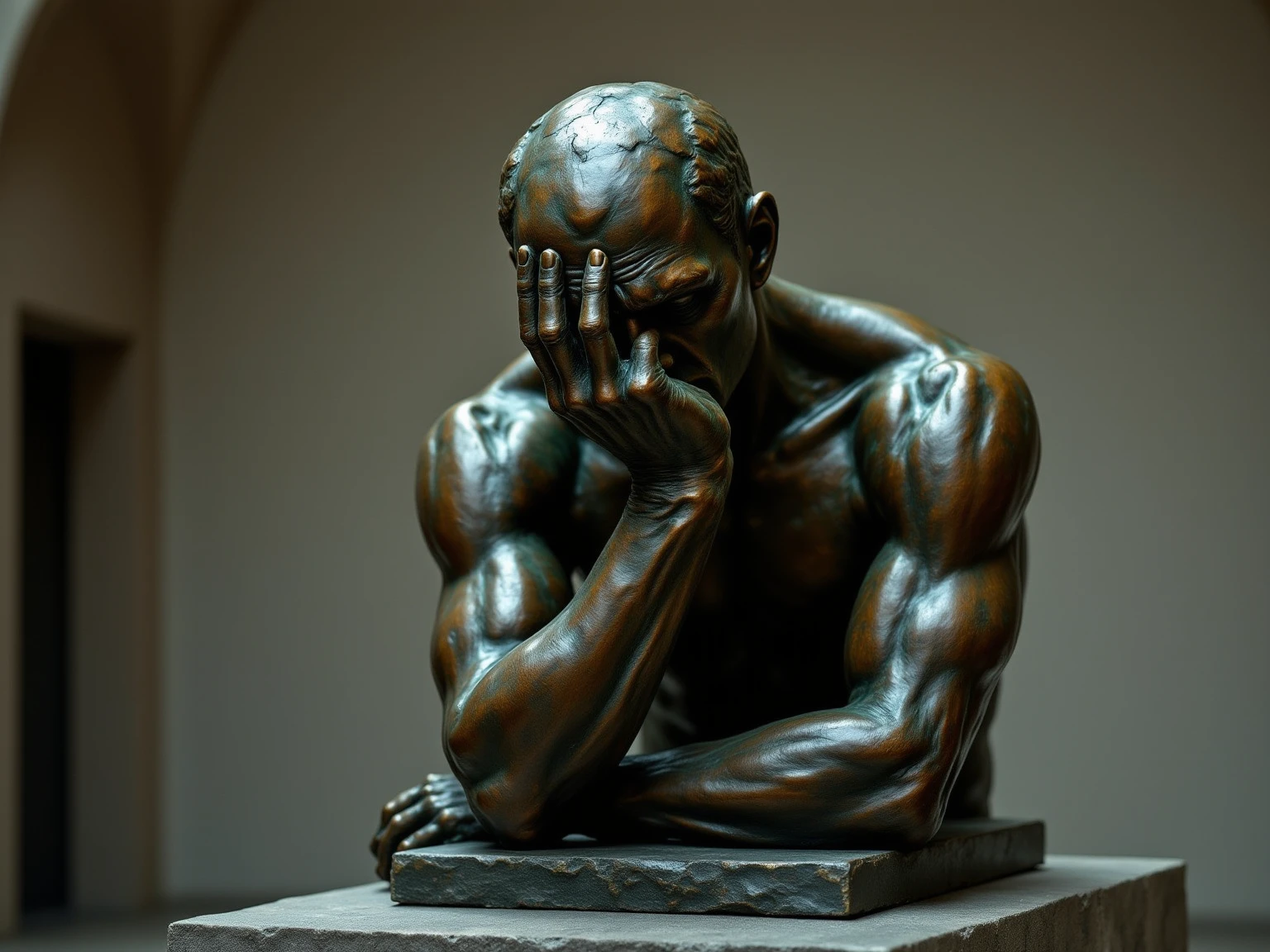 Hello, can you help me create a minimalist bronze sculpture with the theme: The pain that broke you,
Vibrates in my heart,
, thank you, 3d render, photo, conceptual art, architecture