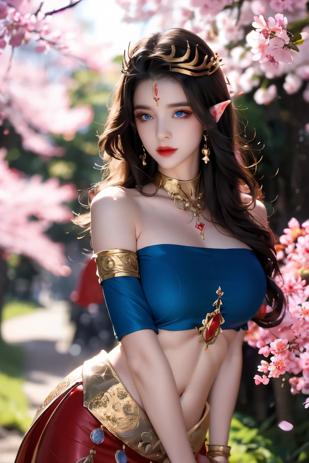 (((medium shot)))(((cowboy shot)))a stunning detailed background (fantasy, hot spring waterfall flowers),, mid age, milf, dark theme,masterpiece, best quality, realistic, photo of fit sexy naked brunette 30 year old with a flower in hair girl(tiny waist, medium hips, big natural breast), long perfectly shaped legs:1.5, perfectly shaped thighs:1.5, deep cleavage ( beautiful very long hair:1.5, Fuchsia lips,) flicked, detailed face,:1.5 detailed body, full body, intricate, High Detail, Sharp focus (perfect female form, perfect face:1.5, beautiful eyes,:1.5 eyeliner, expressive eyes, amused expression), light sensual smile, ,nsfw, ((perfect eyes)), (detailed pupils) long shot, , depth of field, (((medium shot))) (realistic:1.5), cherry blossoms,peach blossom,(jade),jewelry, earrings, hair ornament, necklace, earrings, bracelet, armlet, Style-Japan blue flower <lora:Amy202010Halloween:0.8>
