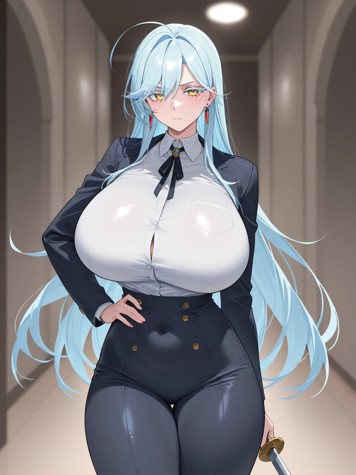 My name is Akari., I am a white test woman with long   dark blue hair , turquoise eye color . I am 1.62 cm tall and weigh 47 kg. My breasts measure 90 cm, my waist 40 cm and my hips 240 cm. Dressed in a lawyer's outfit . With big breasts 90 cm