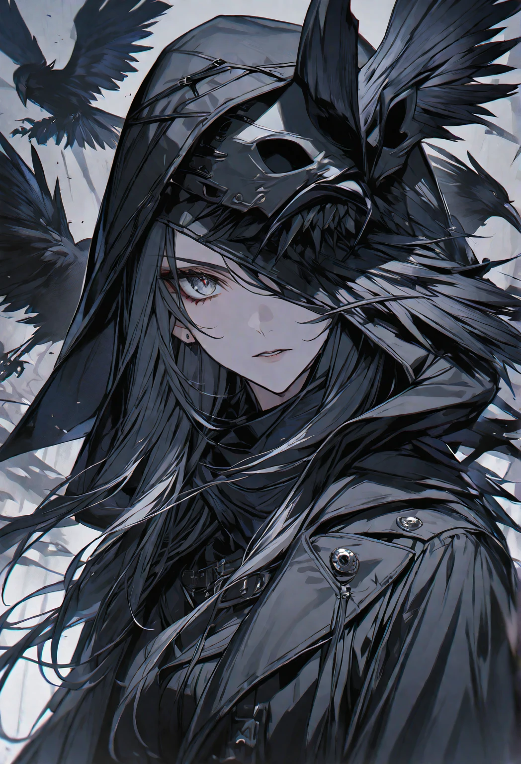 solo, handsome, 1 woman, long hair, black color hair, Gray eyes, black coat, black gloves, Holding the  black plague Crow mask in hand, Black hood, neutral expression