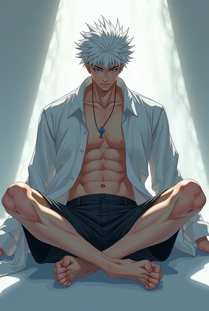 1 male, Japanese male model, high resolution 4k, adult, handsome, perfect face detail, detailed eyes and face, muscular, white eyebrow hair, white eyelashes, Naked torso, Detailed face, perfect face, real skin texture, detail Perfect hand, details, Real and complete hand details, unreal engine, hd picture, satoru gojo, Jujutsu kaisen, white hair, short hair ,hair between eyes ,blue eyes, white skin, Open jacket, fitness place background