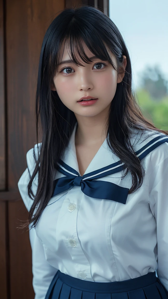 (masterpiece:1.3)、Super detailed finish、(High resolution、8k:1.3)、highest quality、(Super realistic like a photo:1.3)、correct limbs:1.3、anatomically correct:1.3, The face is in focus、(close up on face:1.2)、 ultra high definition face、Face is in focus、Ultra high definition and beautiful eyes、(focused eyes、Eyes are symmetrical:1.3)、High-definition and beautiful skin、firm skin、Ultra high definition hair texture、Japanese high school girl、17 years old、very cute, half updo:1.2, (sailor suit:1.3), classroom, (sitting on the floor next to the wall:1.3), hugging own chest, small breast, B cup, (very embarrassed:1.3), (blush:1.3), (frightened look:1.3), (Awkward pose、dynamic pose:1.3), Mr.々shooting angle:1.3, (looking at viewer:1.3), nsfw, 