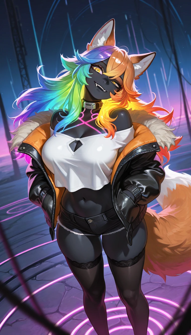 score_9,score_8_up,score_7_up, source_cartoon, an Anthro furry wolf girl, black furry body, black ear tips, long black hair with blue tips on hair, blue highlights in hair, pink eyes, wearing black underwear, black collar, black furry body, (long hair), feminine, white thigh highs, (curved horns), closed leather jacket, black fur, dark grey furry body, peace sign, good anatomy, ((two-tone-body)), fluffy tail, 2 tails, one foot up and in view, exposed toes, 4 toes, surreal psychedelic background, smiling,