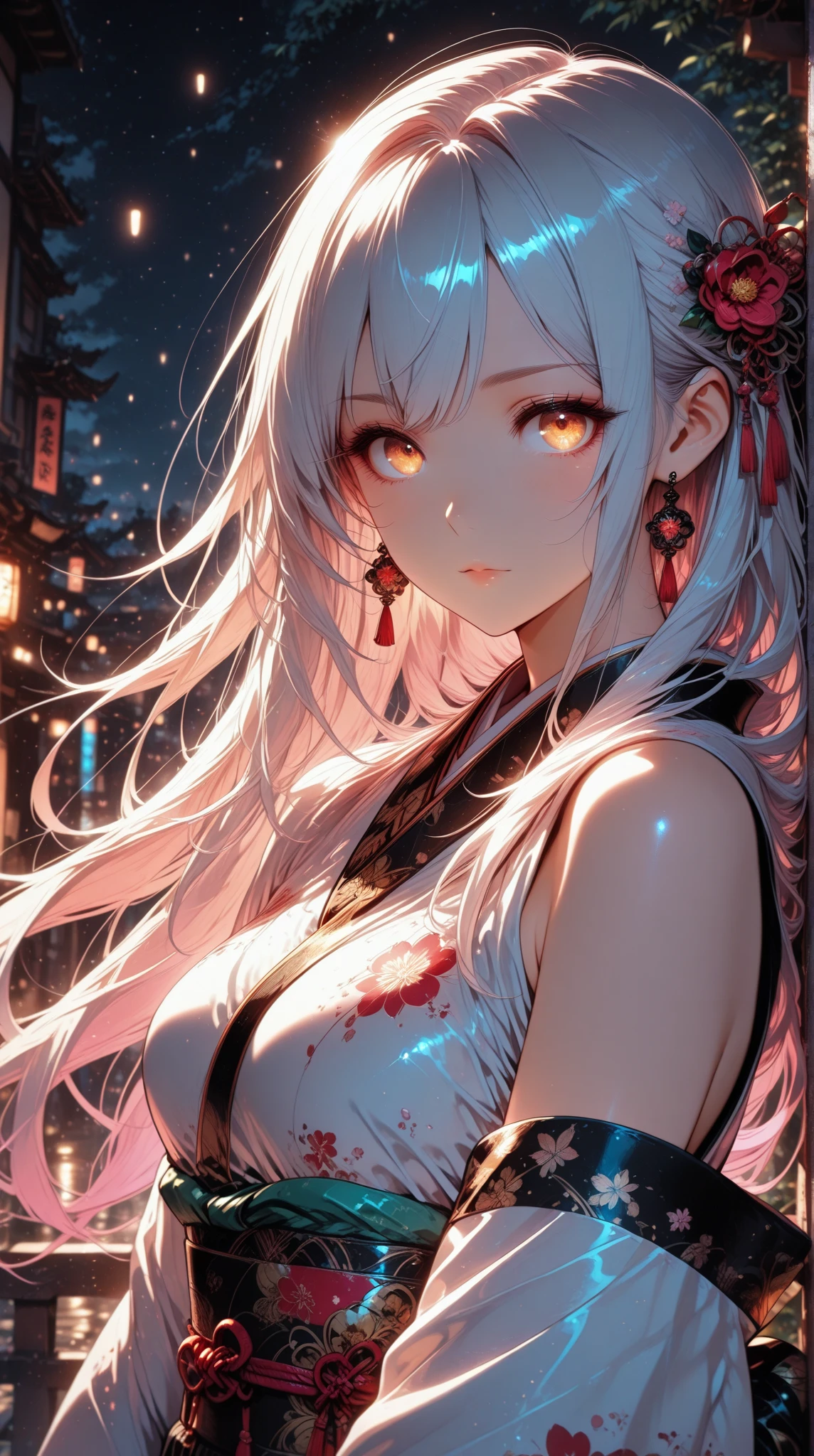 Animal ears, leg rings, white hair, long hair, green eyes, jk
