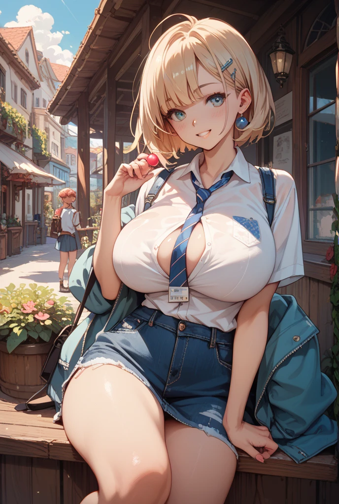 highest quality, High resolution,4K,8K, and 18, 1 girl, android 18, alone, blonde, blue eyes, short and thin hair, 耳Nipple Ring, gem, denim dress, open your vest, bare chest, big cleavage,((erect nipples:1.4,genuine)),((spread your legs:1.8)),((break the groin:1.6,black pantyhose)),((show me your pussy:1.4,genuine)),((pussy juice:1.4)),denim skirt, blue skirt, cowboy lens, street,