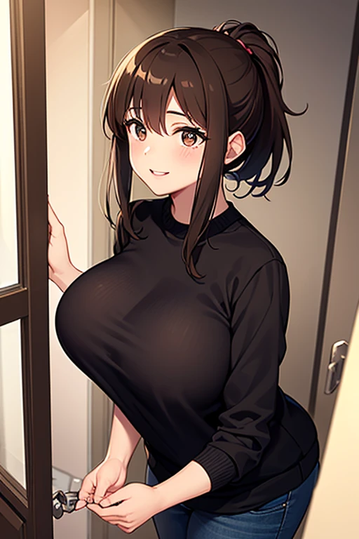 (masterpiece), best quality, expressive eyes, perfect face, demon girl, long light and dark brown hair, brown eyes, perfect round breasts, black long sleeve t-shirt, black shorts, black stockings, thick thighs, arms and hands perfect, the garden of his house, taking a selfie from the camera