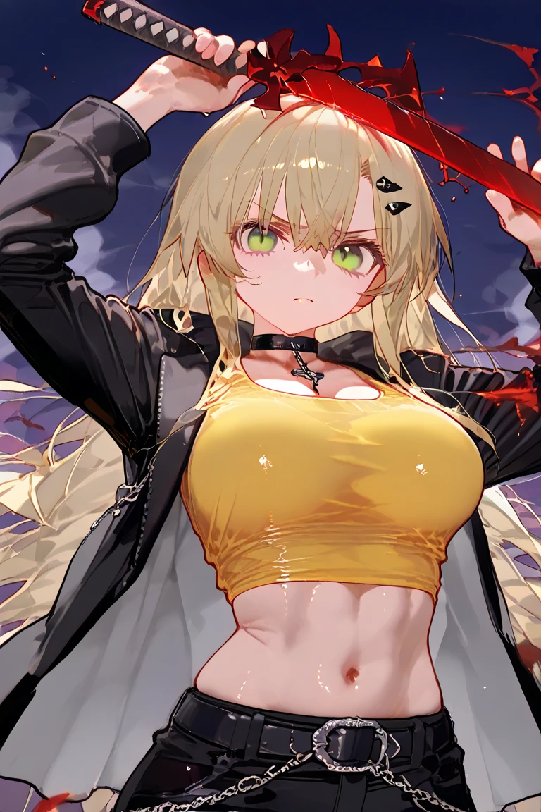highres, sharp focus, pixiv masterpiece, ((intricate details)), highly detailed, nikaidou_dorohedoro, 1girl, blonde hair, long hair, upper body, blue eyes, green suit, messy hair, (muscular:0.8), <lora:Nikaidou_Dorohedoro:0.65>