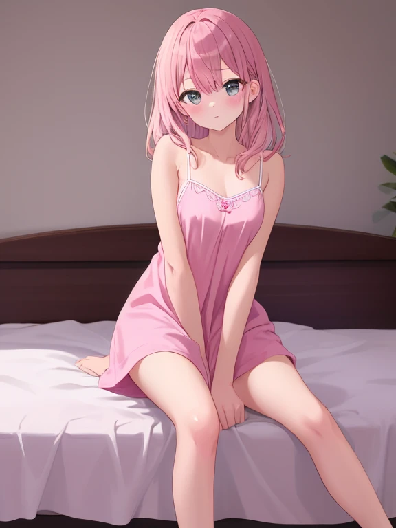 1girl, , 4 yey, blushing, cute, short hair, twintail hair, cute pink mini dress, upskirt, pussy spread legs, lying on bed